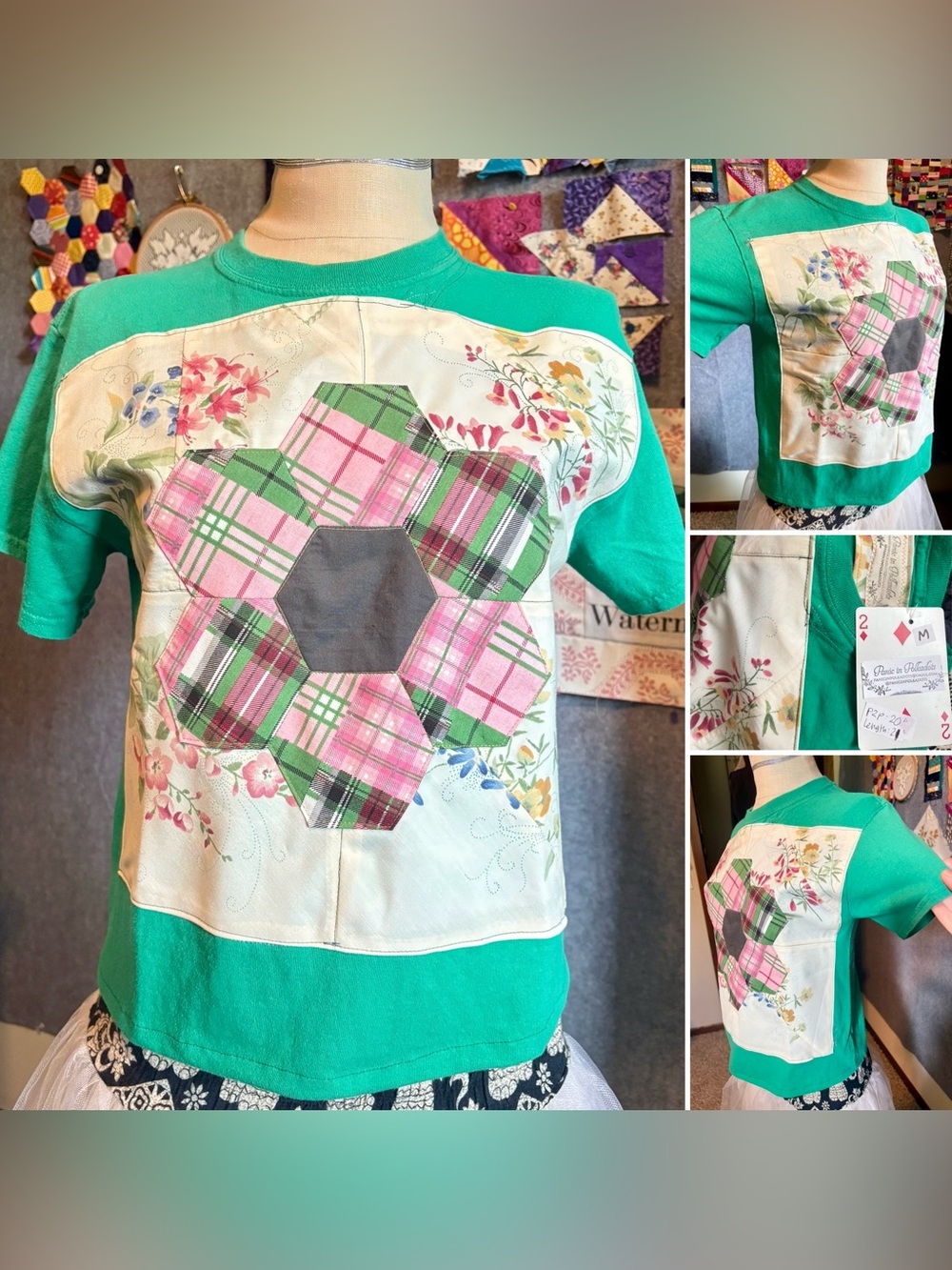 Quilty Tee - Green Hexie Botanical Flowers